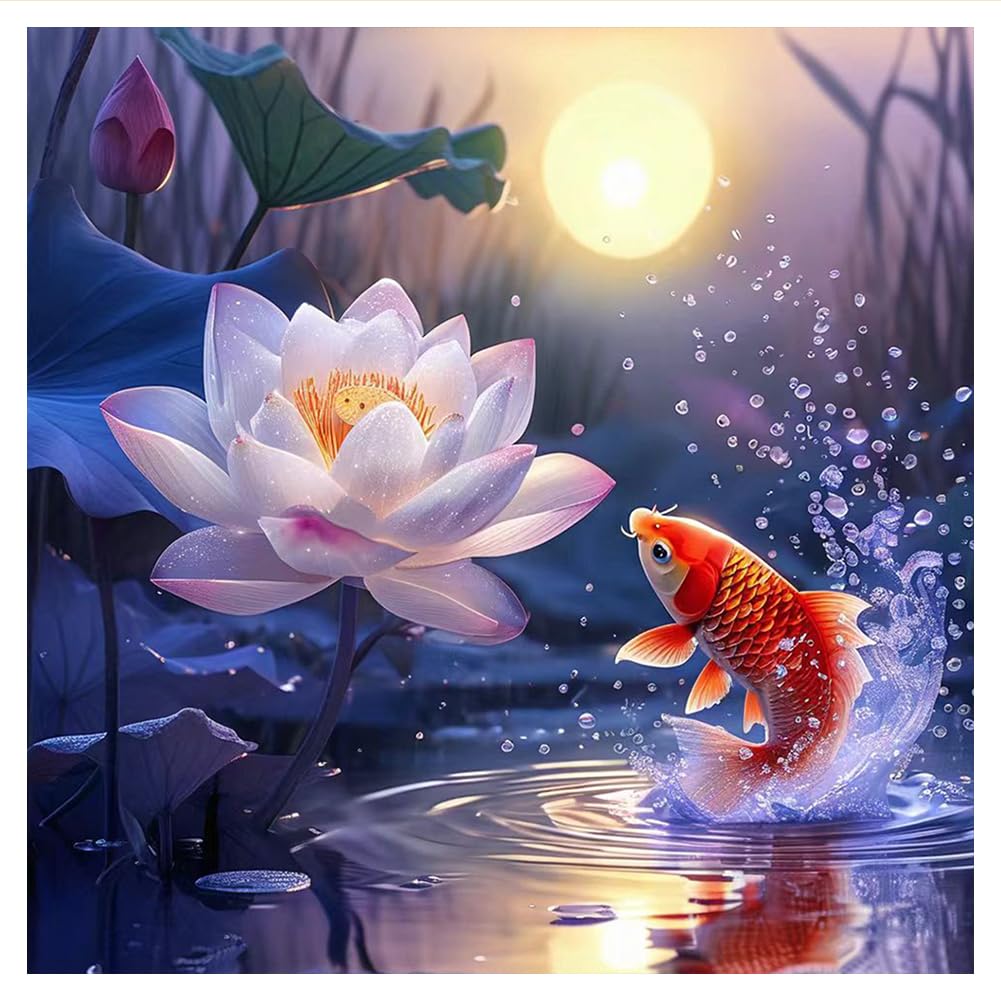 hill froeistung Lotus Flower Diamond Art Painting Kits for Adults,Fish Diamond Art for Beginners, 5D DIY Full Drill Round Gem Art Craft Home Wall