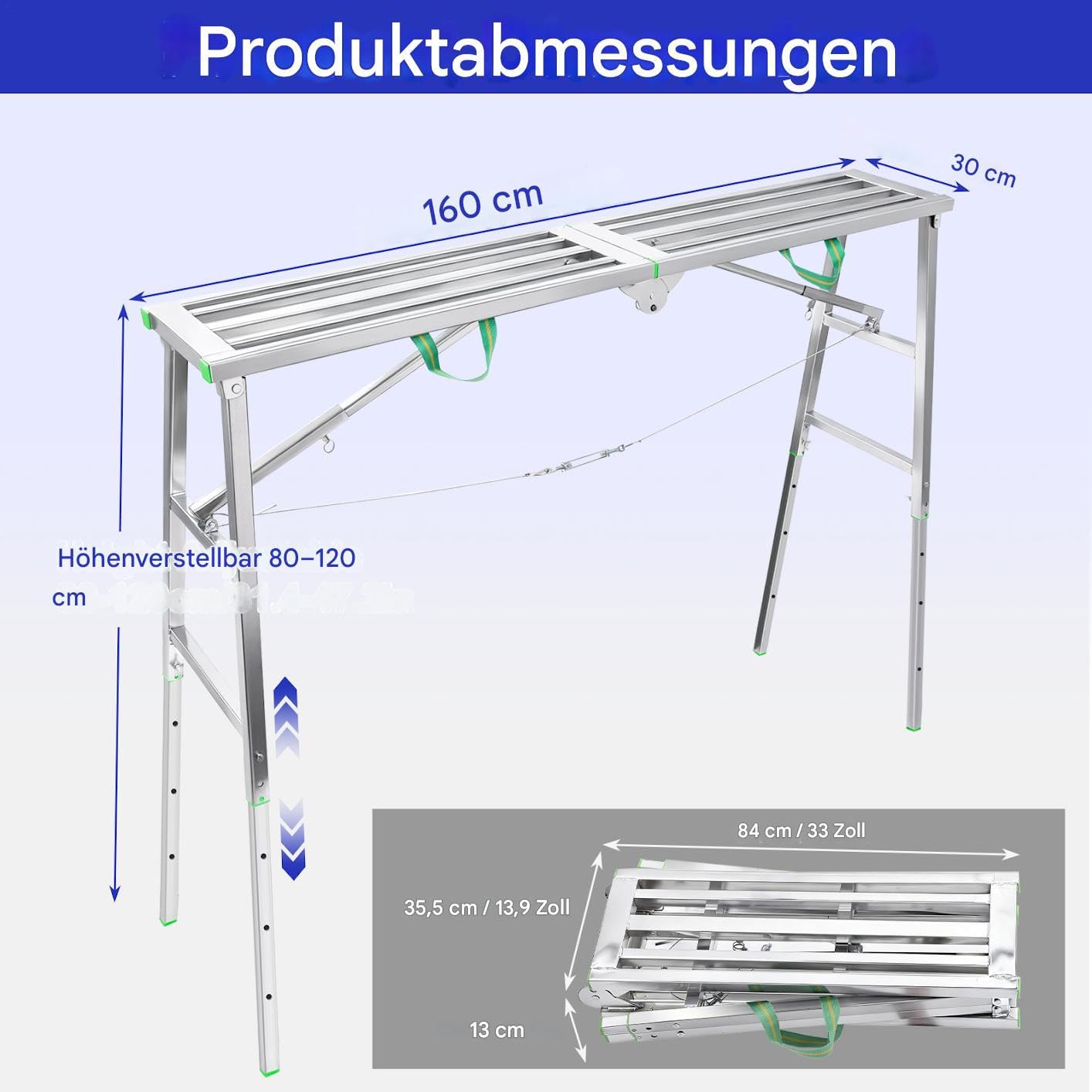 Plateforme de travail pliable - Échafaudage portable - Avec 4 vitesses réglables en hauteur de 80 à 120 cm - Plateforme de travail pliable pour la maison, l'atelier, le garage et les chantiers