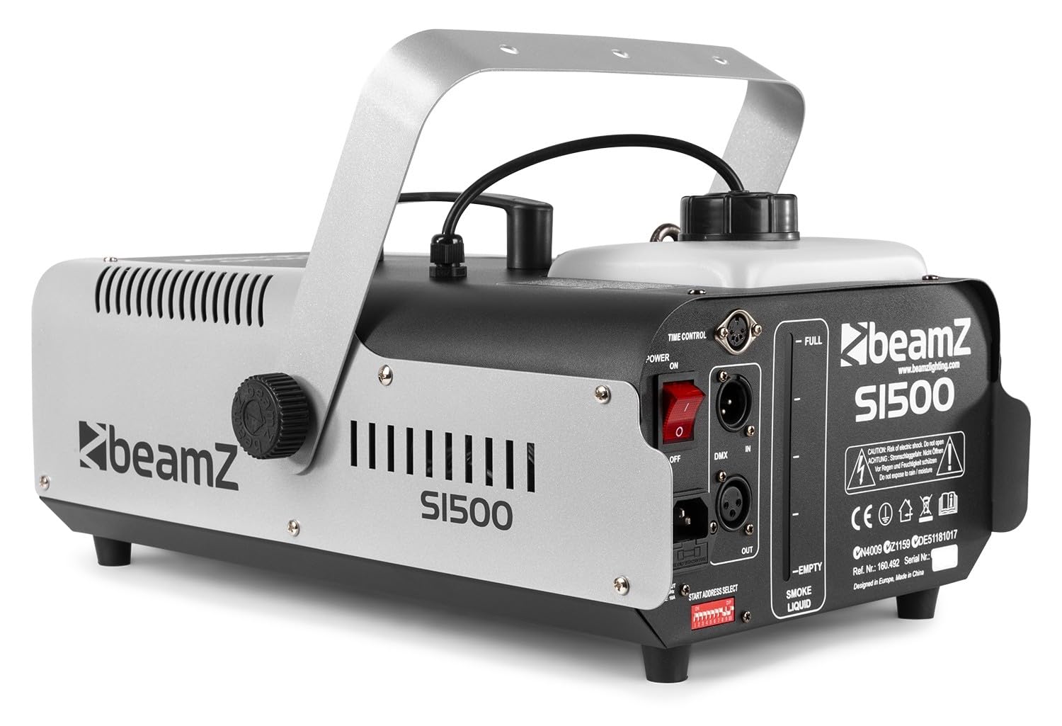BeamZ S1500 Machine à Fumée 1500 Watts, Télécommande avec Contrôle du Débit et Programmateur, Réservoir 2.5 L, Débit par Minute 295m³, Étrier de Montage, Idéal pour Scène ou Discothèque