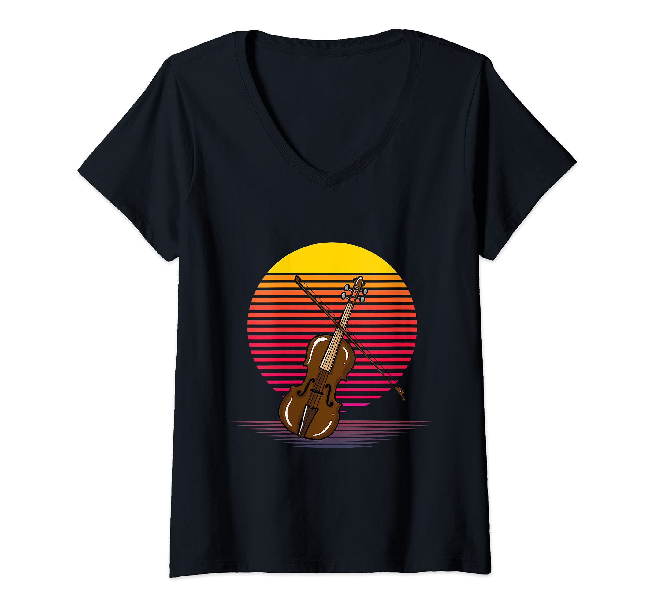 Womens Vaporwave Violin Lover Illustration for Violin Player V-Neck T-Shirt, Black