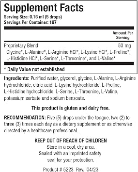 BIOTICS RESEARCH Amino Acid Quick Sorb Liquid Formula, Highly Absorbed, Glycine, L Alanine, L Arginine HCl, L Lysine HCl, L Proline, L Histidine HCl, L Serine, L Threonine, L Valine, 2 Fluid Ounces