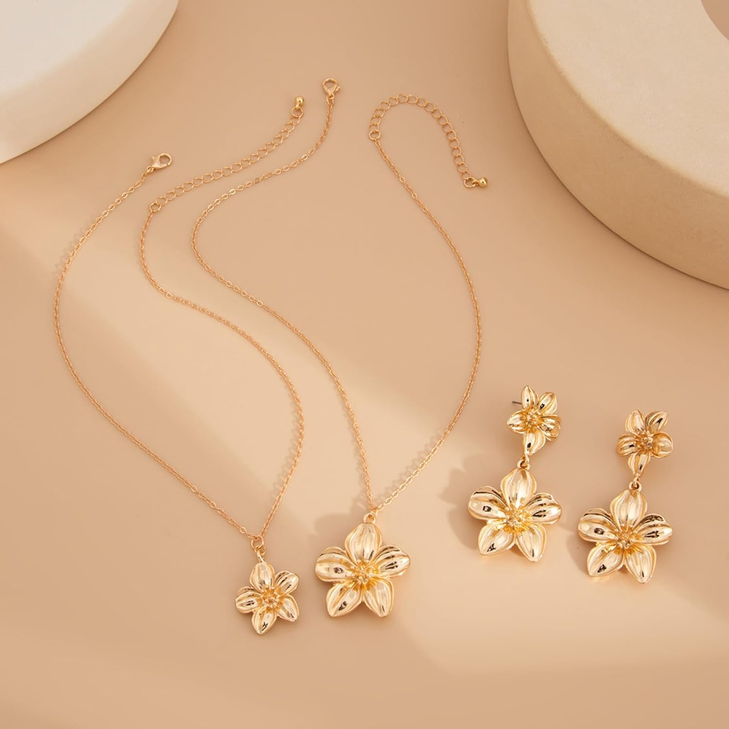 Frodete Large Double Flower Necklace Earrings Set for Women Chunky Gold Layered Floral Jewelry Boho Statement Necklace and Earrings Set - Image 4