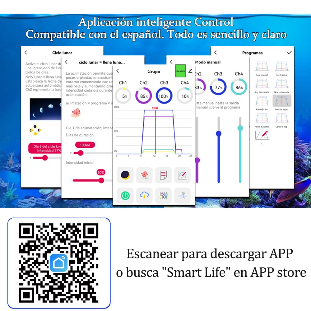 6PCS PopBloom-RL90 WiFi luz Led para acuario marino, pantalla led acuario coral, reef iluminacion acuario para sps/lps pecera acuario