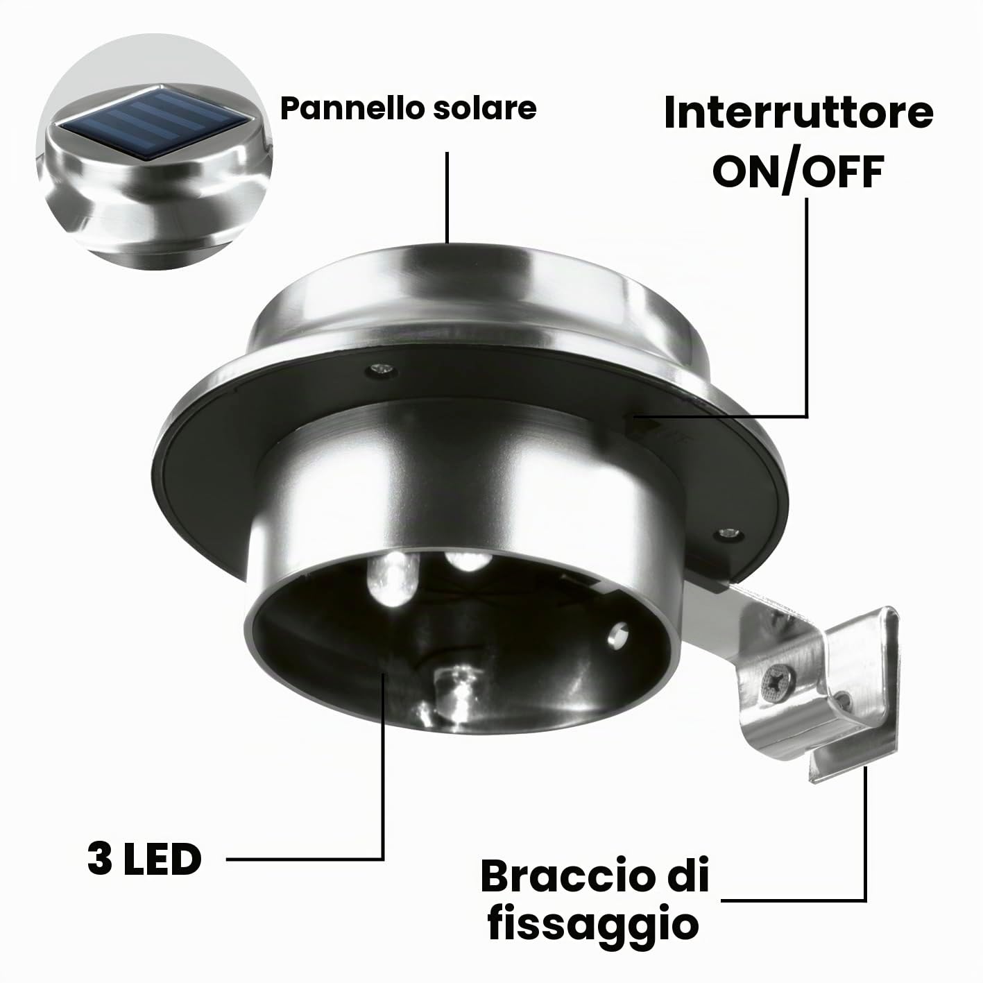 EASYmaxx 03612 Illuminazione solare per grondaie e recinzioni da giardino | Acciaio inossidabile | Set di 3 | Illuminazione per esterni | Wireless | illuminazione, batterie, ferro;abs