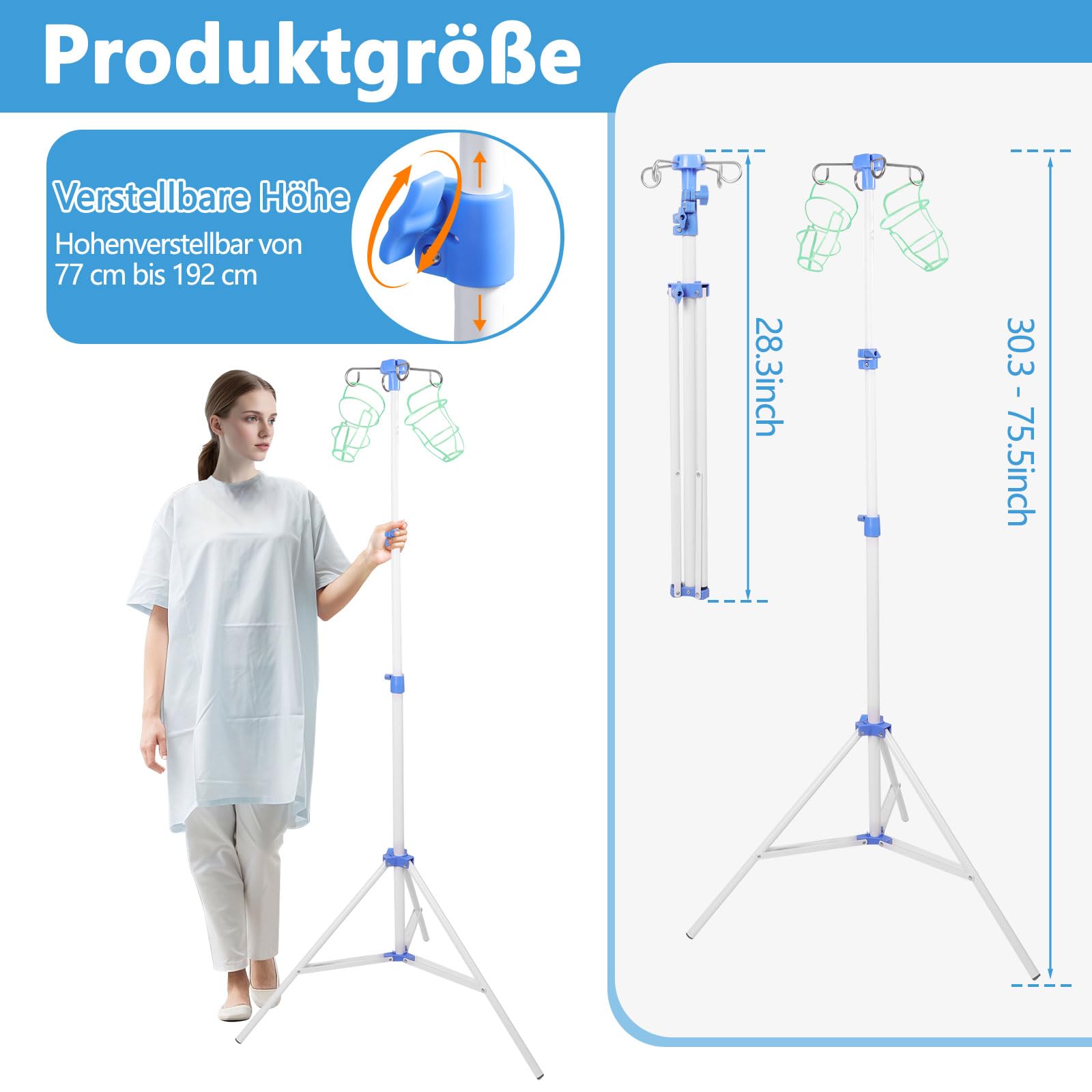 Klappbarer IV-Polenständer mit 4 Haken, verstellbarer Höhe IV-Ständer, Stativ IV-Polenständer für Heimpflege, Krankenhäuser, Kliniken und Reisen (weiß)