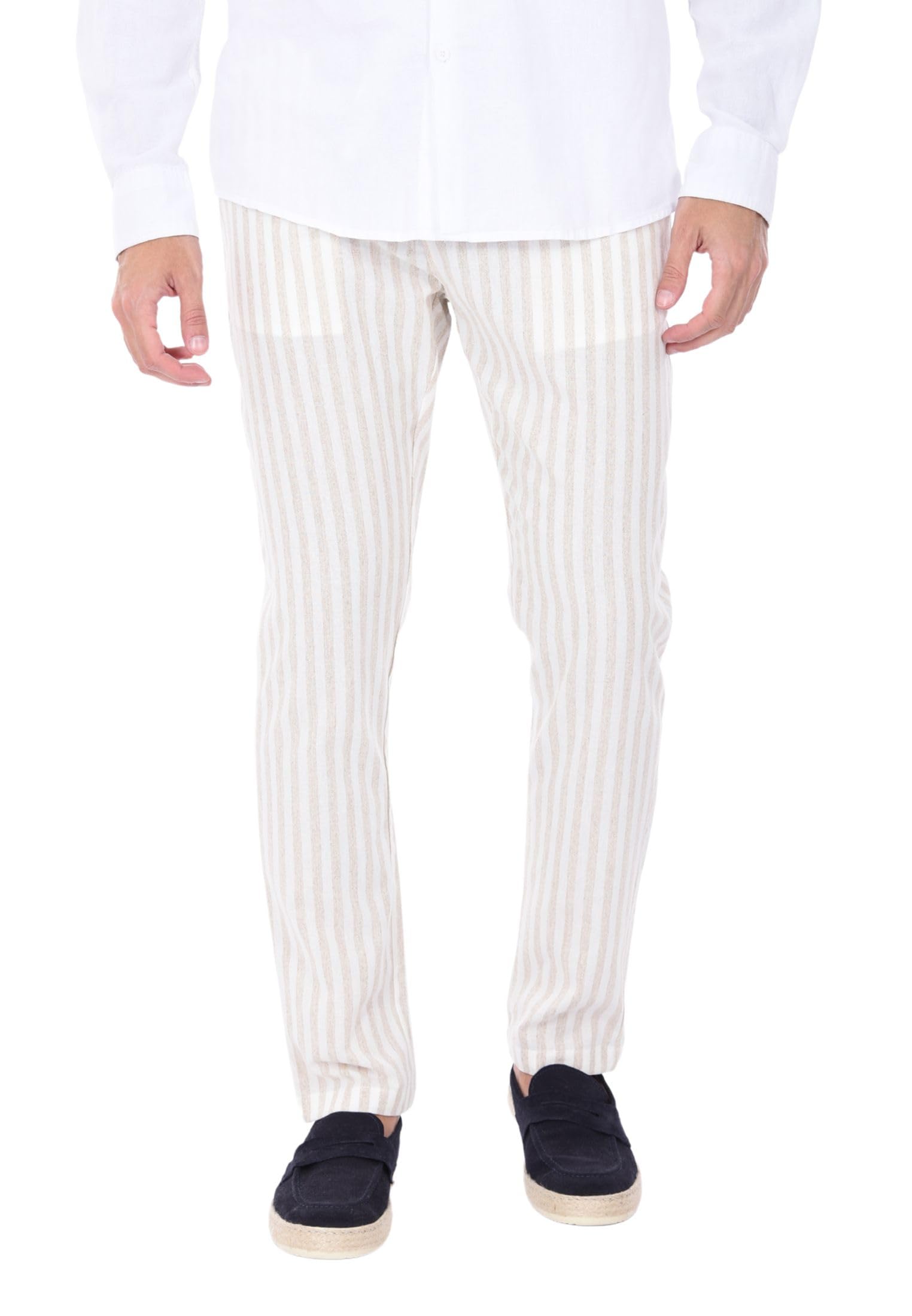 Pantaloni Uomo Lino Estivi Leggeri Fantasia a Righe Pantalone Rigato Elegante Elastico e Laccio in Vita Slim Fit
