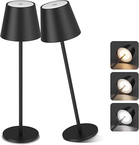 Miniatura 1 de Aipsun Lámpara de mesa inalámbrica recargable, paquete de 2 unidades, 6200 mAh, lámpara de mesa LED de 3 colores con atenuación continua, resistente