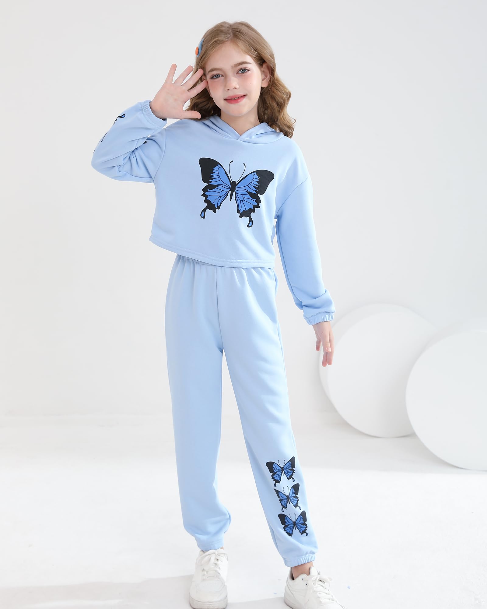 YOURUIKEY Conjunto de ropa para niña, con estampado de mariposa, sudadera con capucha y pantalones deportivos, conjunto de 2 piezas para niños