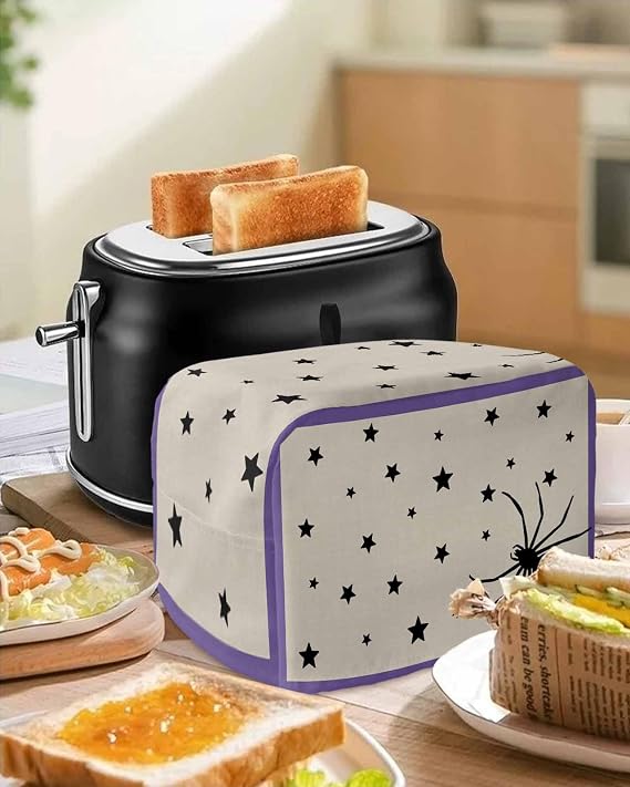 Halloween Toaster Cover 2 Slice, Purple Beige Spi-der Stars Halloween Dustproof Bakeware Oven Protector with Top Hook, Waterproof Small Kitchen Appliance Toasters Dust Cover, 12x7.5x8