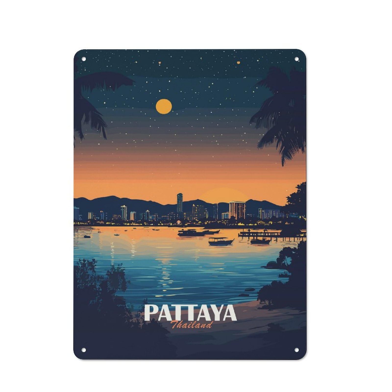 Junmoney Pattaya Thailand Cityscape At Night Retro Metal Wall Decor 40X30cm, Tin Wall Sign For Home, Shop, Pub Or Studio Wall, Personal Accent For Everyday Walls