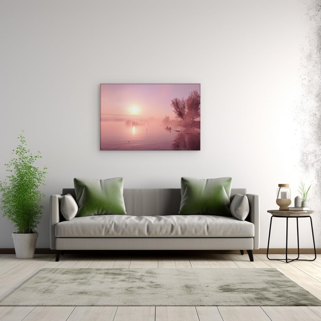 Canvas for Living room. Dawn's Gentle Embrace: Early Morning Serenity on a Misty Lake, 27 x 18 inch Canvas Wall Art - Contemporary Masterpieces - Modern Home Decor - 130x86 cm (51x34 inch)