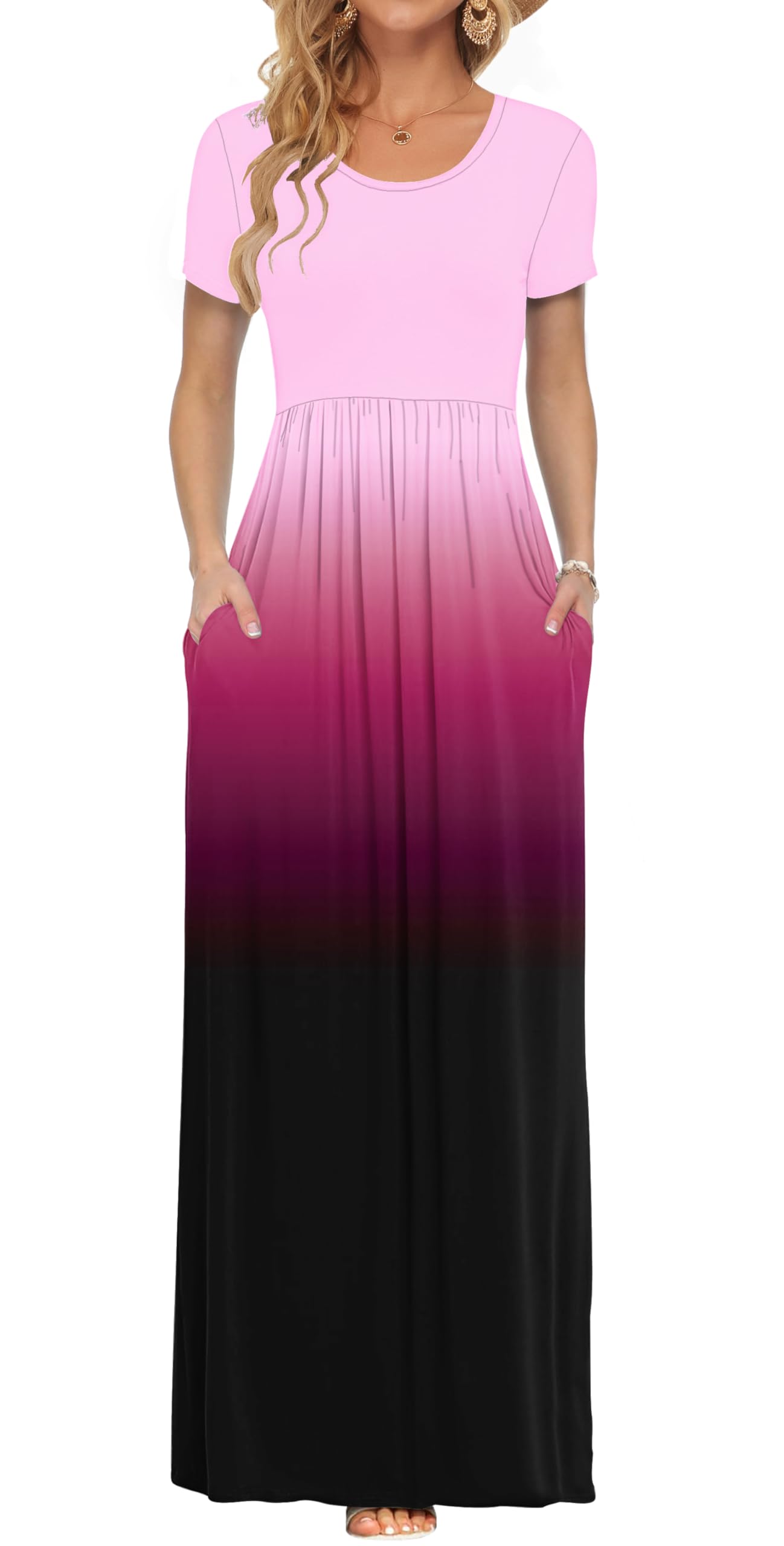 AUSELILY Women's Summer Short Sleeve Loose Plain Casual Long Maxi Dresses | Year Round wear solid floral print, Casual wear, Empire waist, Floor length, Side pockets