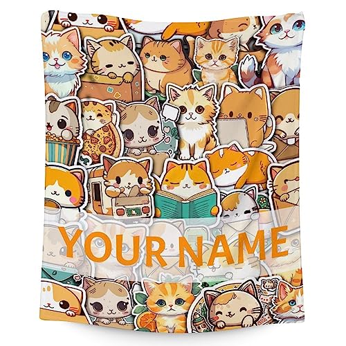 Personalized Cat Blanket Gifts with Name - 40"x50" Cute Throw for Kids & Adults - Yellow Soft Fuzzy Blankets for Bed, Couch & Living Room