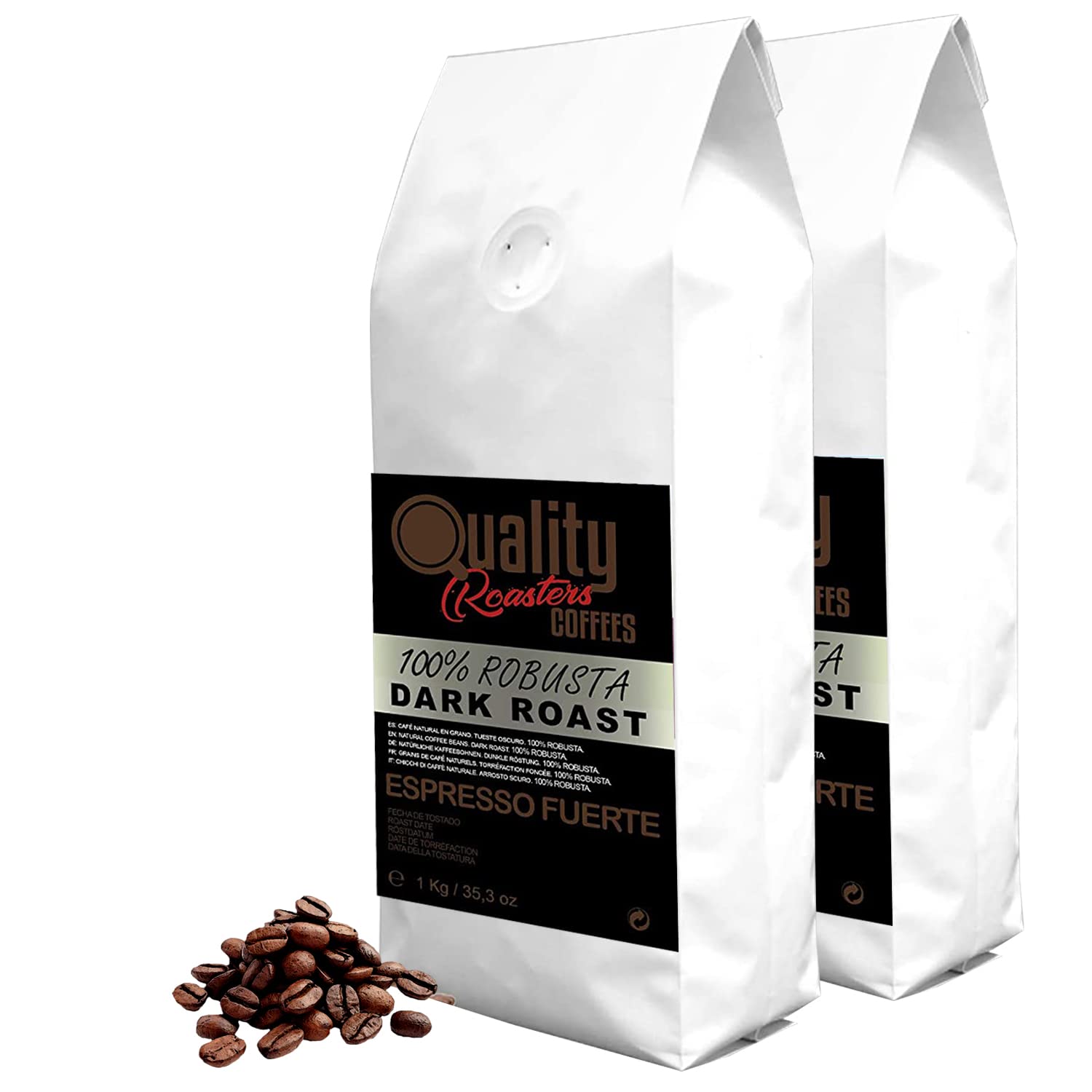 Café en grano natural "Espresso Fuerte". Dark Roast. 100% Robusta. Tostado artesanal. Tueste Oscuro. (2 Kg)