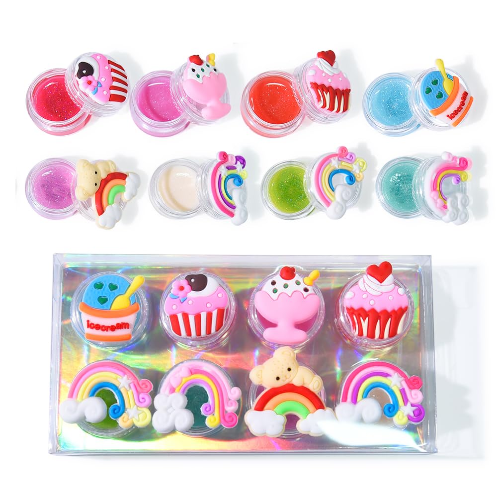 Mebtmel 8PCS Cute Lip Gloss for Girls, Party Favors Lip Balm Set for Kids, Assorted Fruity Flavors Cute Cupcake of Rainbow Designs Birthday Gift
