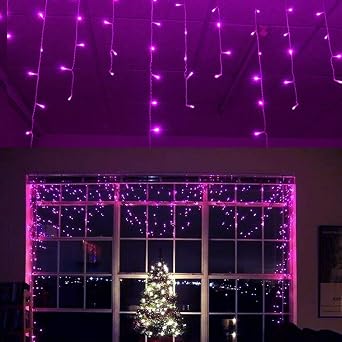Lainin 13 Ft 96 LED Linkable Curtain Lights, 8 Modes, Plug-in, Purple | Purple Ambient Glow 96 LED 18 Drops Link Up To 8 Sets; 8 Modes Controller; For Garden Weddings Xmas Holiday Home Decor.