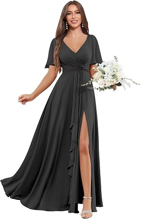 Bolodoo Womens Short Sleeve Pleated Bridesmaid Dresses for Wedding Chiffon Slit Formal Gown with Pocket