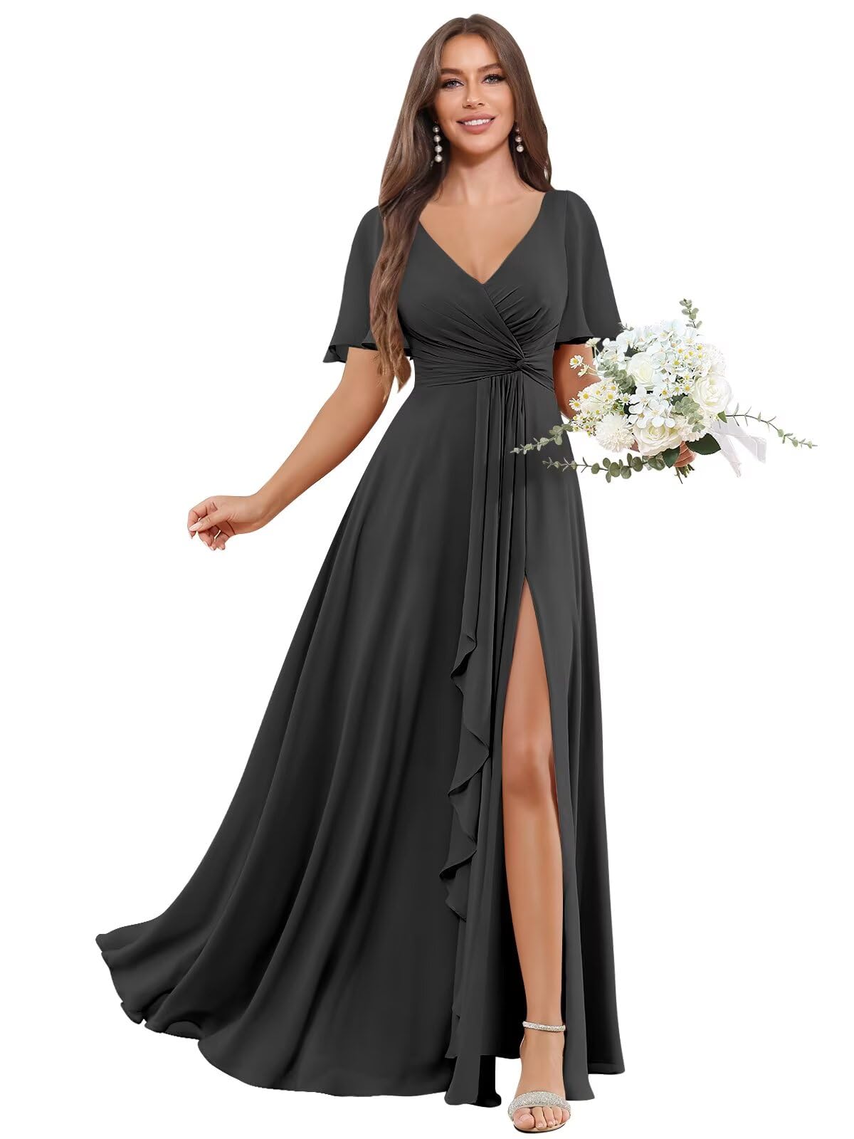 Bolodoo Women's Short Sleeve Pleated Bridesmaid Dresses for Wedding Chiffon Slit Formal Gown with Pocket