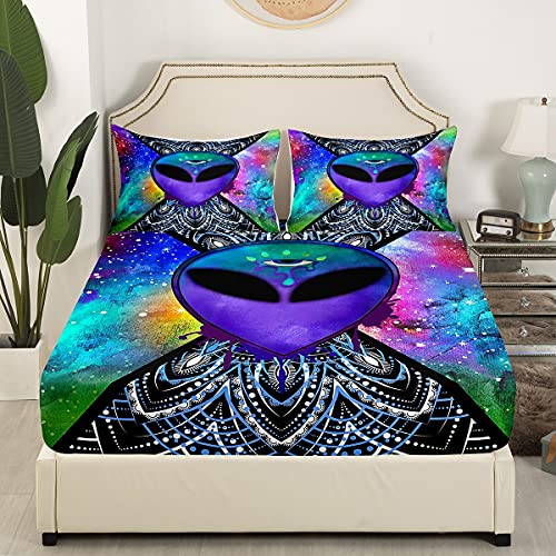 Erosebridal Trippy Alien Fitted Sheet Twin(No Top Sheet), Boho Tie Dye Bed Sheet For Kids Teens Adult Galaxy Outer Space Bedding Set Psychedelic Hippie Skull Fitted Bed Sheets 2 Pcs With 1 Pillow Case #TOP1