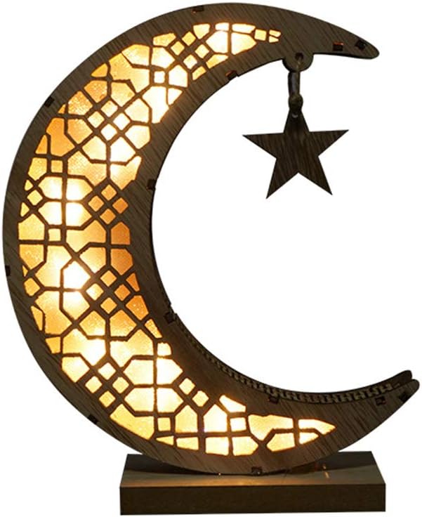 Ramadan Eid Mubarak Wooden Moon Ornaments, Muslim Islam Hanging Pendant, Eid Mubarak Ramadan Wooden Plaque Ornament LED Crescent Moon Marquee Sign