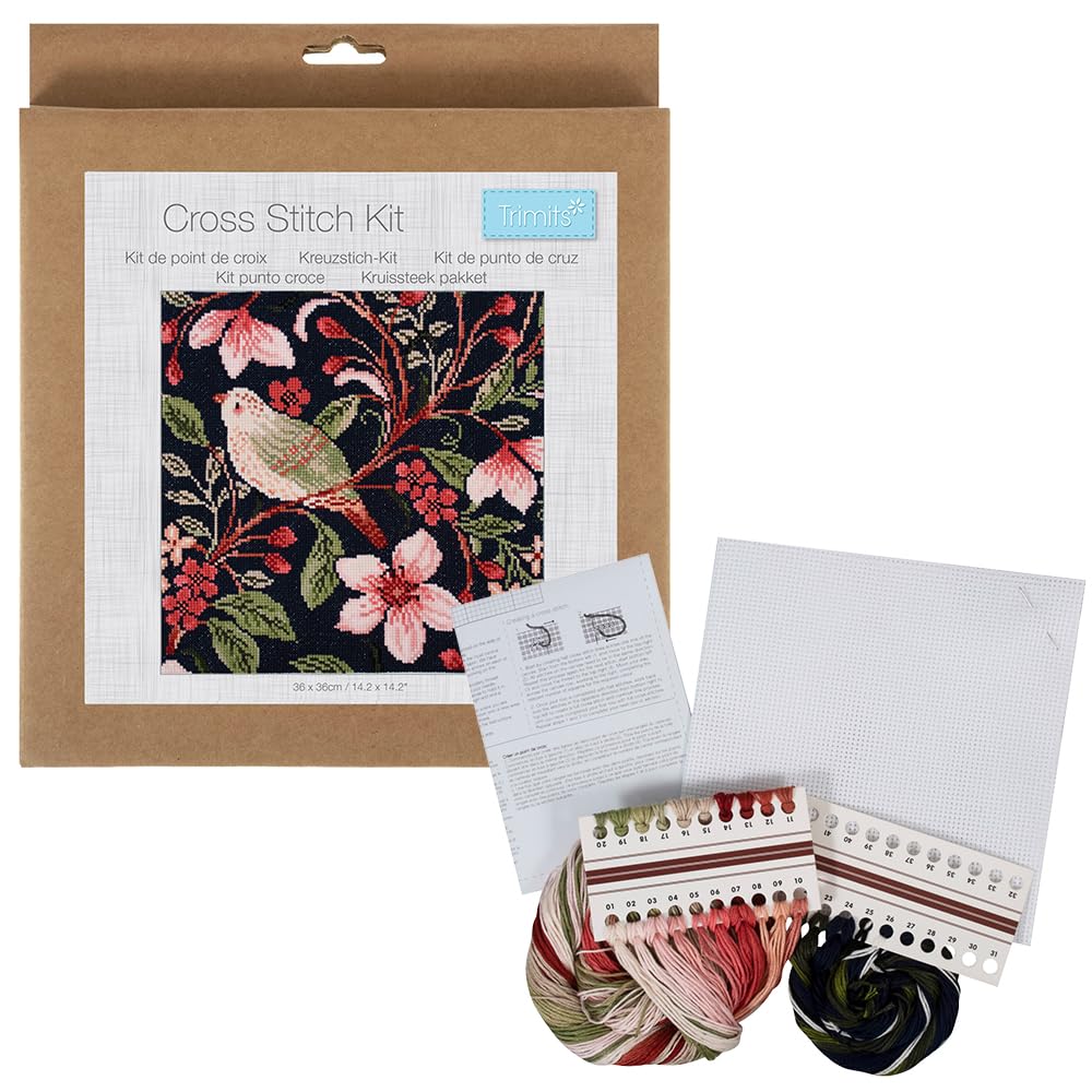 Crafty Capers Bird Blossom | William Morris Style | Complete Cross Stitch Kit | 42x30cm