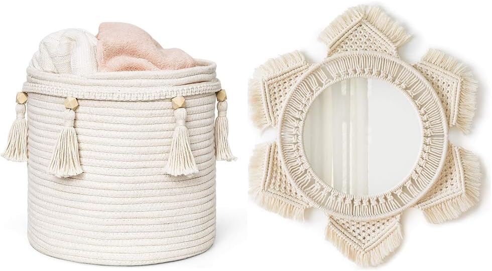 Mkono Macrame Decorative Cotton Rope Basket and Hanging Wall Mirror Boho Decor for Bedroom Living Room Apartment Office Dorm, Set of 2
