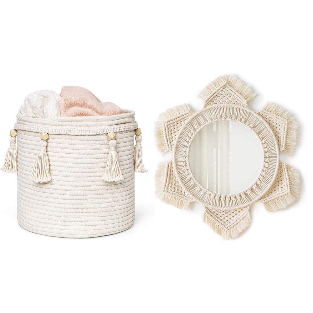 Mkono Macrame Decorative Cotton Rope Basket and Hanging Wall Mirror Boho Decor for Bedroom Living Room Apartment Office Dorm, Set of 2