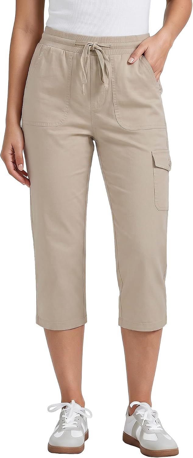 GRAPENT Capri Pants for Women Cargo Elastic Waist Pull On Drawstring Summer Casual Capris Cotton Chino Cropped Pants