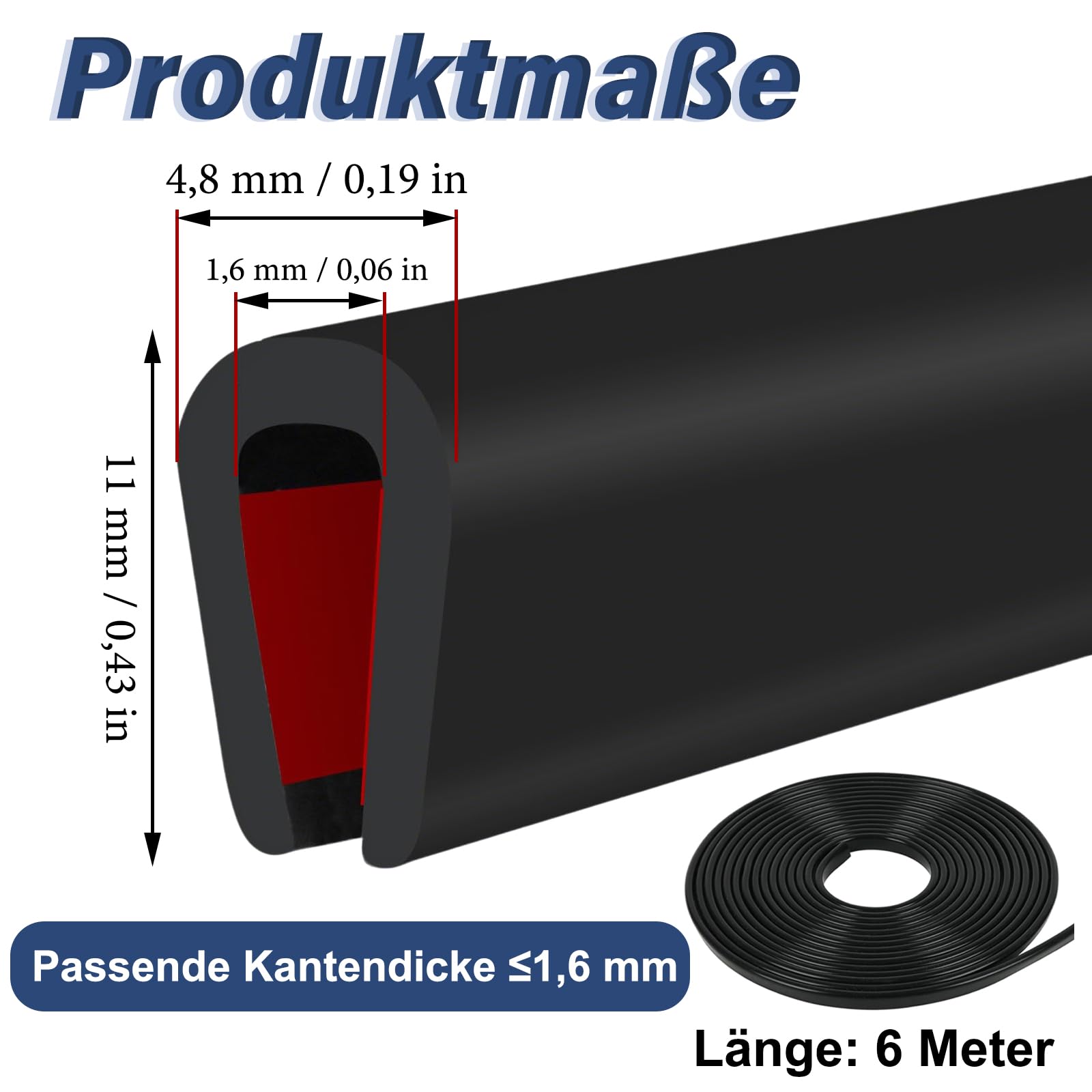Guarnizione a U, 6 Meter x 1,6 mm Nastro Sigillante a Forma di U, Bordi Portiera Autoadesiva, Profilo Gomma Protezione Bordi per Lamier, per Lamiera, Sportelli di Auto