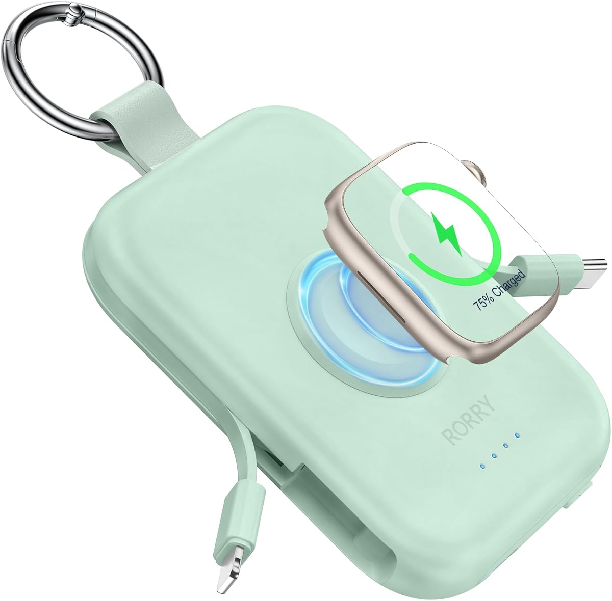 Cargador portátil RORRY CharmGo, cargador portátil de 5000 mAh, banco de energía | Cables integrados, llavero de viaje, paquete de batería Essentions para Apple Watch 1 ~ 11 Series/Ultra/SE y iPhone Air/17/16/15/14/13/12