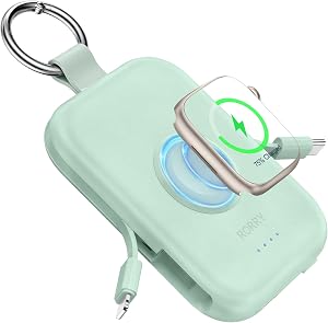 RORRY CharmGo Portable Charger, 5000mAh Portable Charger Power Bank with Built-in Cables, Travel Keychain Battery Pack for Apple Watch Ultra 3/2/11/10/9/8/Ultra/7/6/SE/5, iPhone 17/16/15, Green