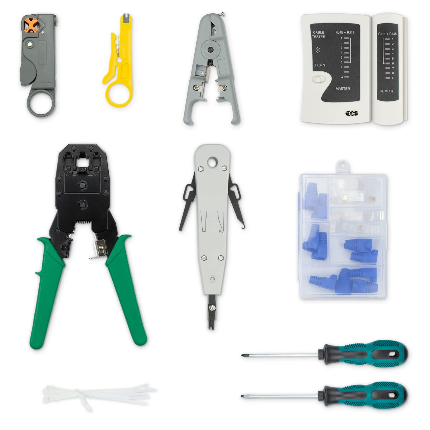 deleyCON 10 pz. Set di Strumenti di Rete con Borsa Tester per Cavi Pinze a Crimpare LSA Strumento di Installazione Pinze Spelafili IT Computer Rete LAN CAT Strumento RJ11 RJ12 RJ45