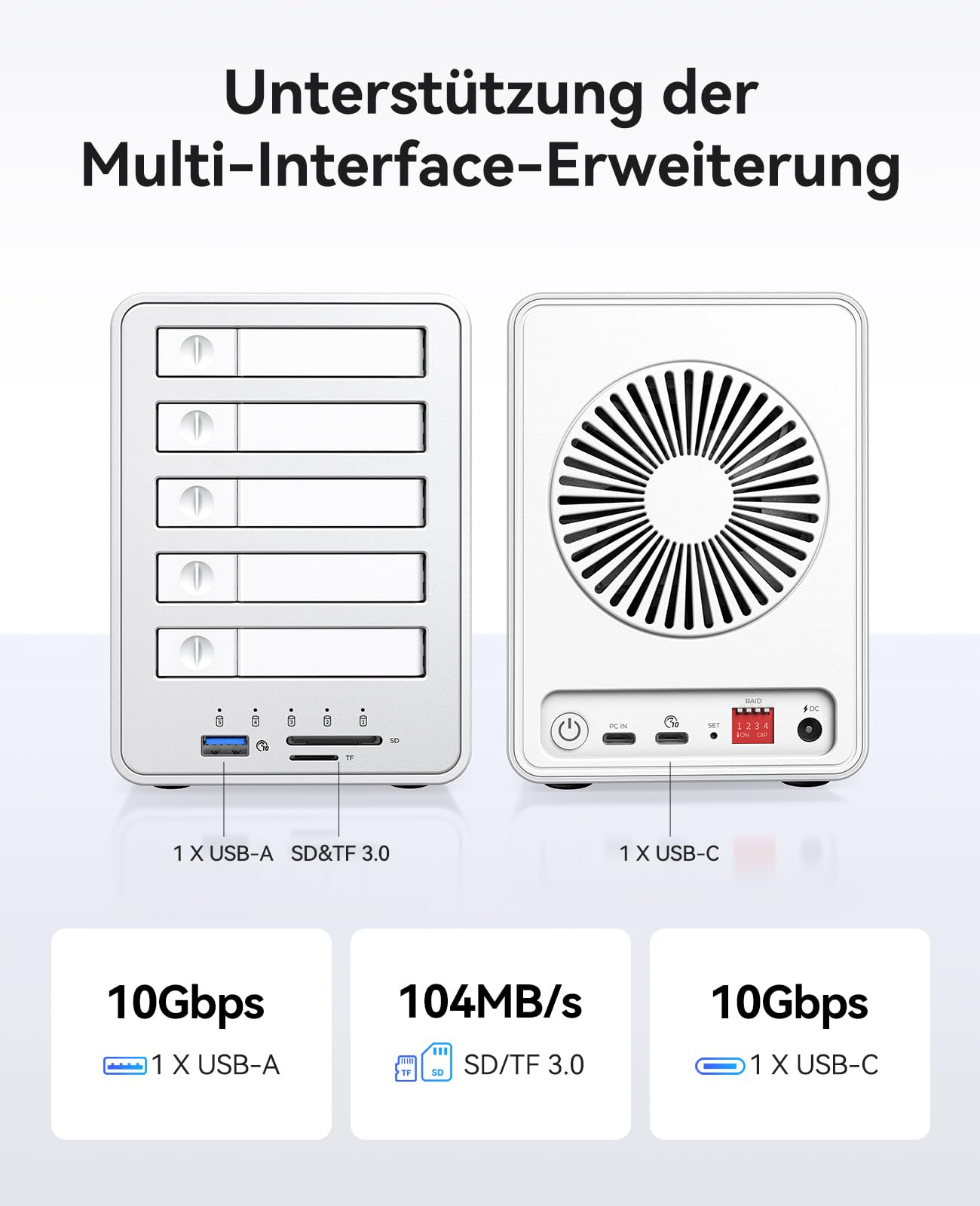 ORICO All-flash Docking Station per Hard Disk 5-Bay RAID Custodia per Disco Rigido Compatibile con HDD e SSD 2,5 SATA con 10Gbps USB 3.2 Gen 2, Supporto Estensione Daisy Chain e 7 Modalità RAID-8858