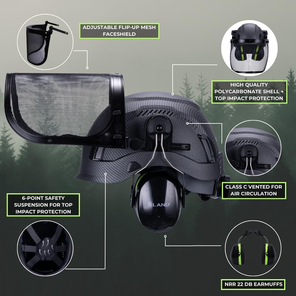 Land Helmets EcoPro Forestry Kit - ANSI Z89.1 Type I Class C Vented - Forestry Helmet Kit with Faceshield & Earmuffs - 3 in 1 Helmet Kit - Ideal for Arborists