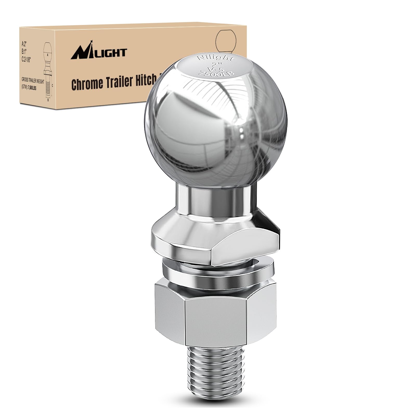 Nilight 2" Chrome Trailer Hitch Ball | 7,500 lbs, 1" x 2-1/8" Shank Universal fit Trailer Hitch Ball Custom Engineered for Heavy Duty Towing