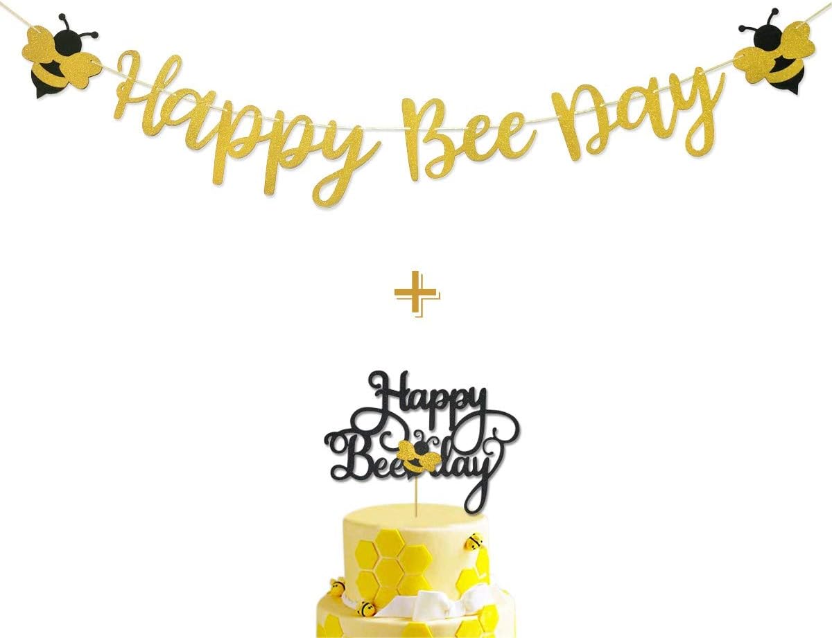 Happy Bee Day Gold Glitter Banner & Happy Bee Day Cake Topper for Bumble Bee Themed Happy Birthday Party Supplies Decorations
