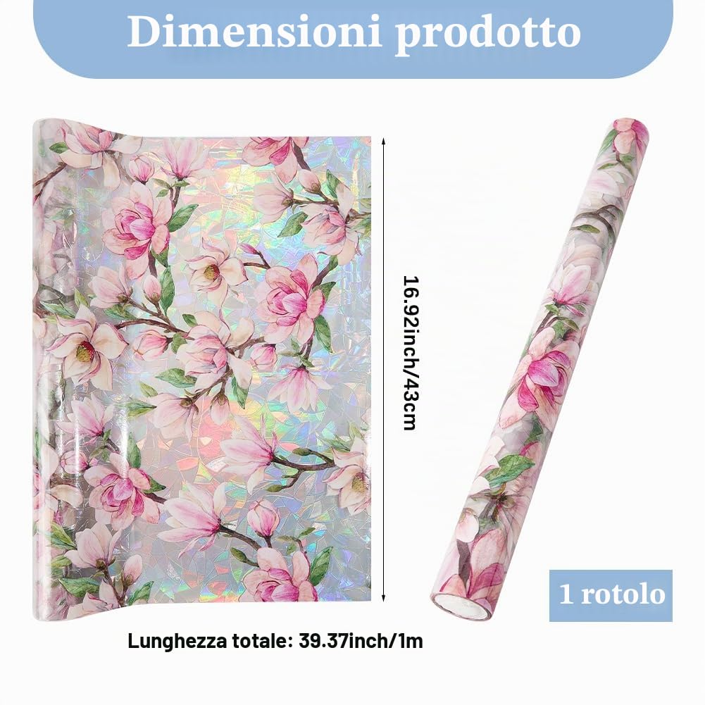 GORGECRAFT Pellicola per La Privacy delle Finestre Arcobaleno da 100x43cm Decorativa 3D Statica Resistente Ai Raggi UV Adesiva con Fiori Rosa Riflettente UV Non Adesiva Anti-Sole per Finestre