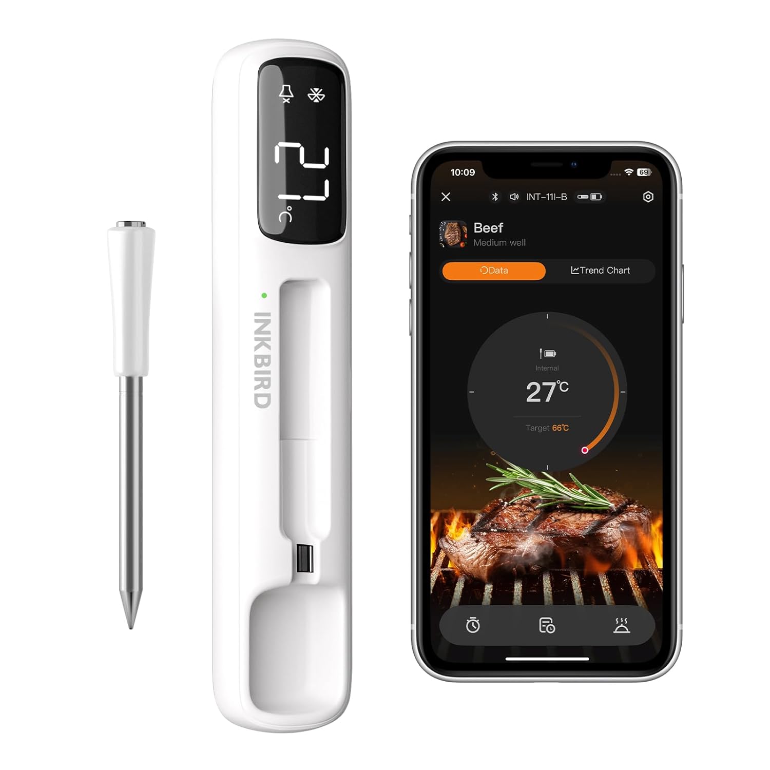 Inkbird INT-11I-B Mini Fleischthermometer Kabelloses, LCD-Display Grillthermometer, Bluetooth 5.4 mit 305m Reichweite, IP67 Wasserdicht Bratenthermometer für Backofen Grill…