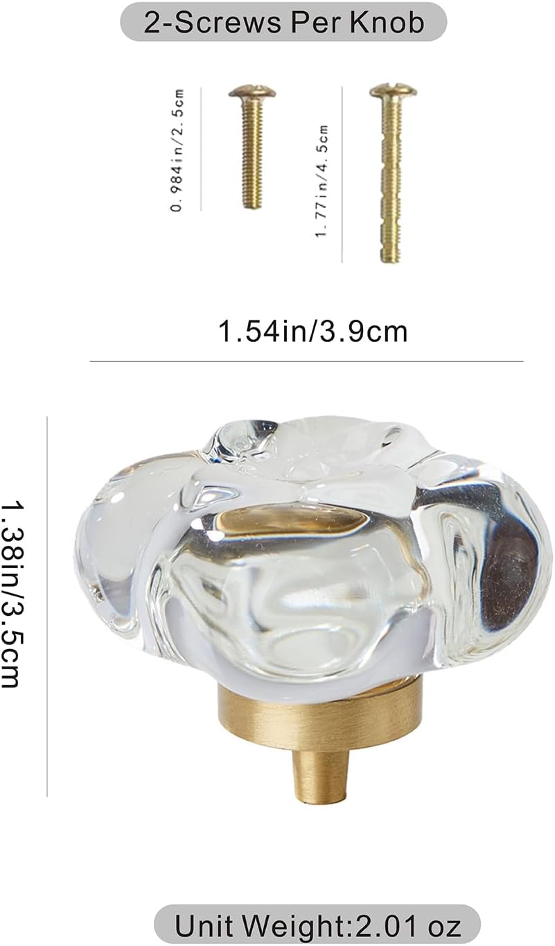 MAXWOLF Elegant Crystal & Brass Flower Cabinet Knobs - Single Hole Hardware for Modern Kitchens, Bathroom Vanities, Bedroom Dressers - Vintage to Luxury Styles,1.5" (6)