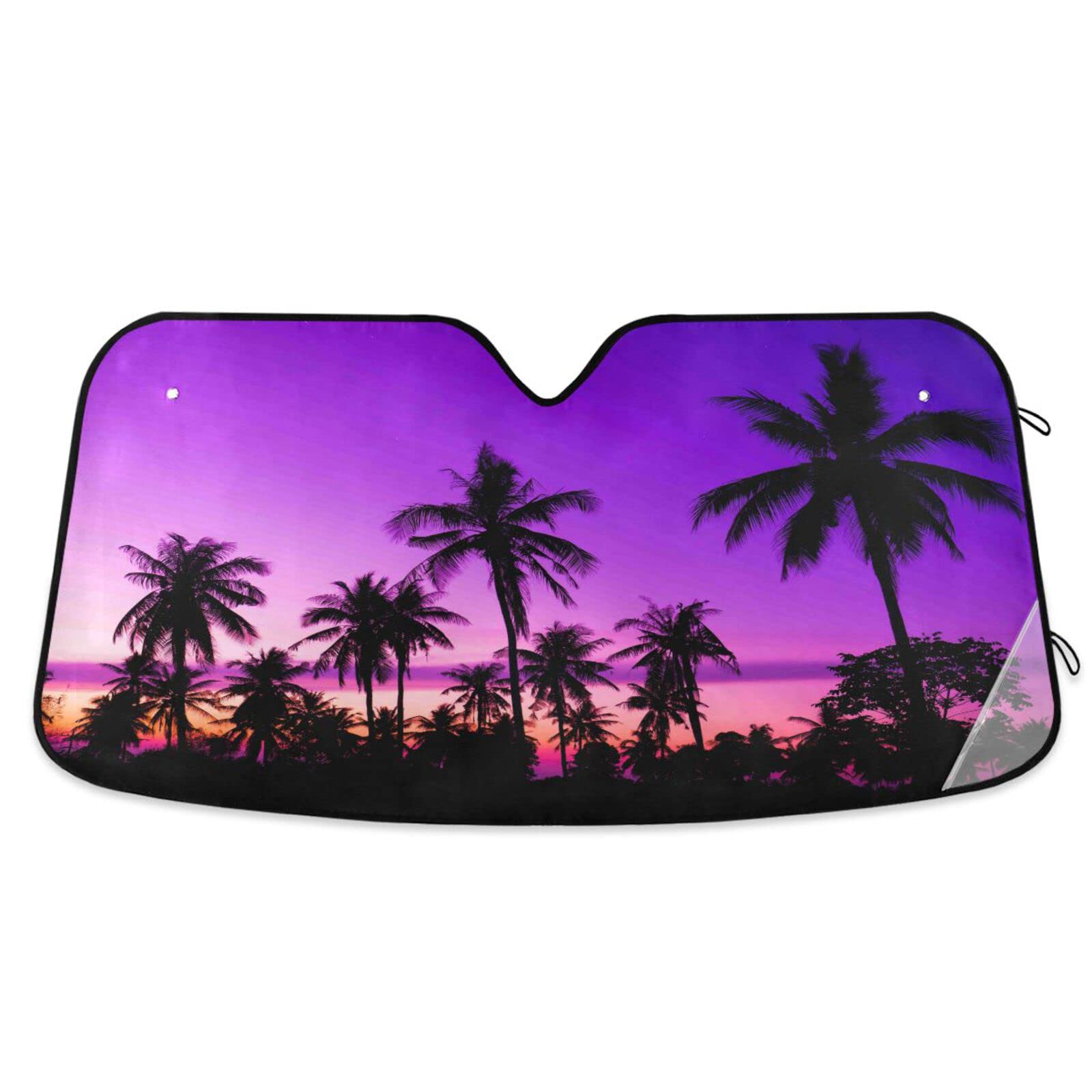 Tropical Beach Palm Tree Car Sun Shade Windshield Purple Sunset Sky Sunshades Reflective Block UV Rays Protector Keep Your Vehicle Cool Visor Cover Foldable for Car Truck SUV L