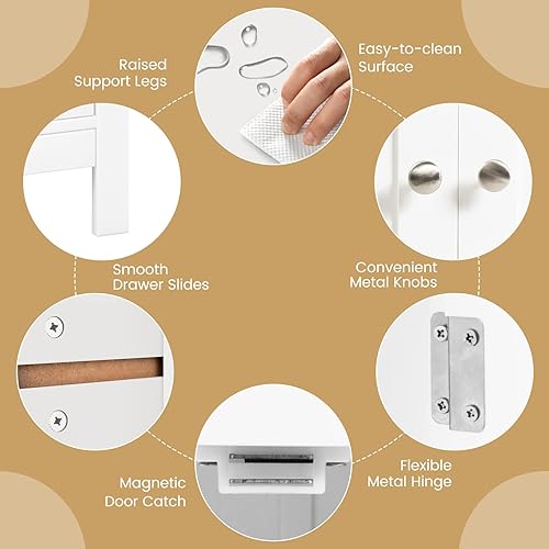 Miniatura 6 de COSTWAY Armario de suelo de baño, organizador de almacenamiento lateral de madera con cajón más grande, estante ajustable y armario de 2 puertas,