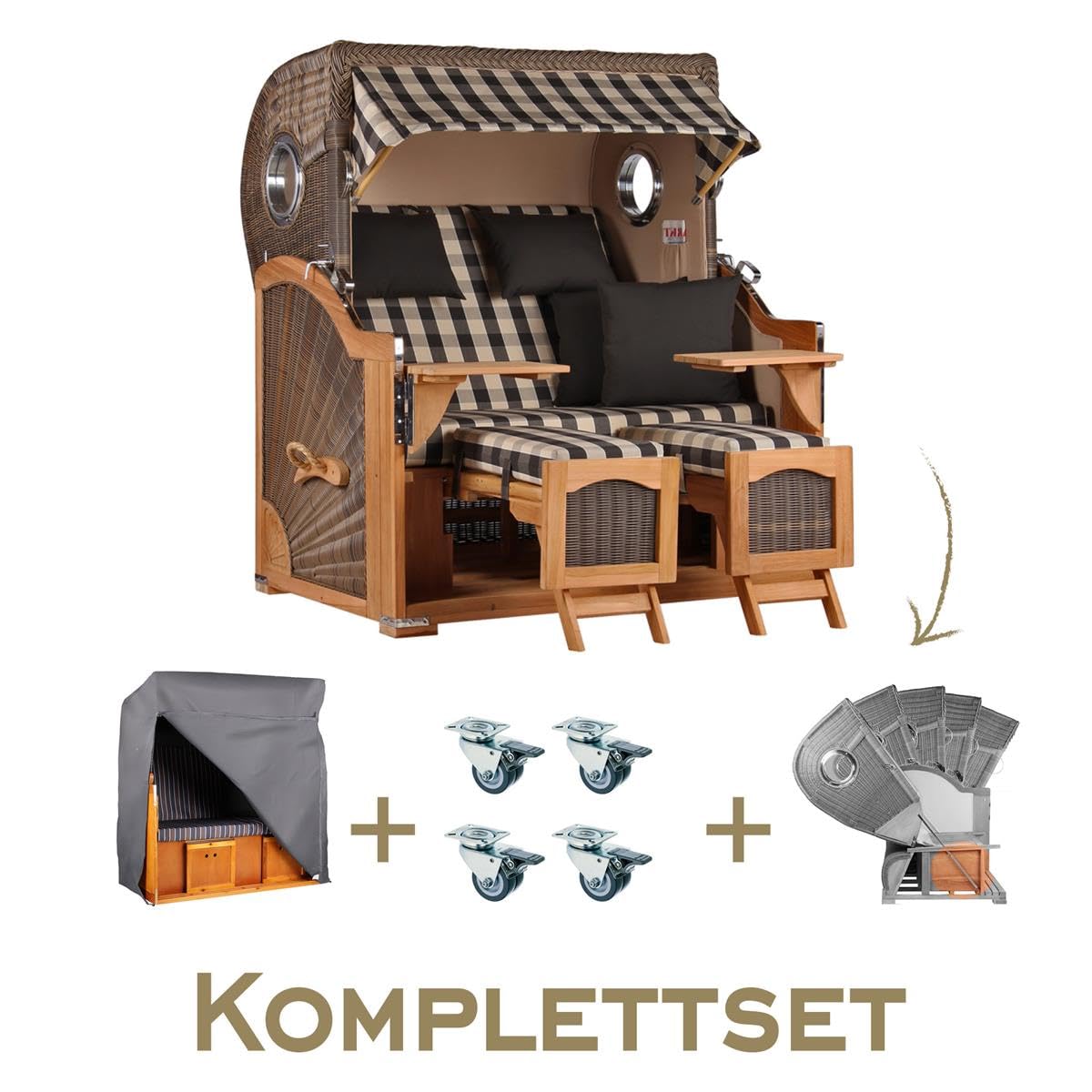 MR. DEKO Großer Strandkorb Düne Grande | Teak-Holz Volllieger 175° | 2.5-Sitzer Bullauge | Komplettset inkl. Lifter-System, Schutzhülle, Rollen | Gartenmöbel Maritime 142x95x170cm