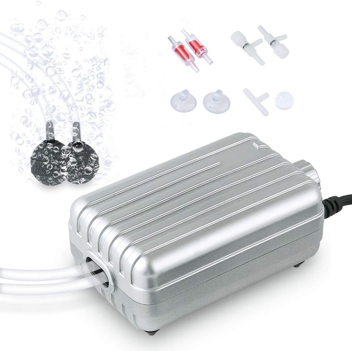 FEDOUR Aquarium Air Pump, Whisper Aerator with Accessories, Silent Oxygen Pump for Fish and Turtle Tank (2 Outlets for 10-100Gallon)