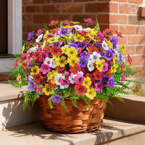 Der Rose 24 Bundles Artificial Flowers for Outdoors Fake Ferns UV Resistant Faux Spring Flowers for Outdoor Planters Home Garden Patio Front Porch Decor 24- Multi-color a