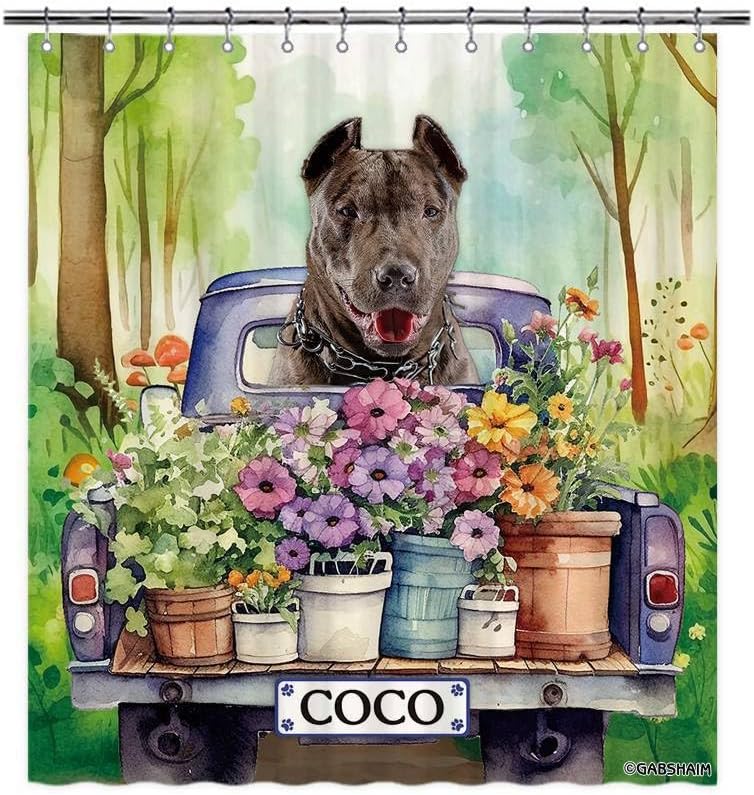 Custom Pitbull Flowers Spring Summer Shower Curtain Funny Dog Drive a Truck in Forest Bath Curtain Bathroom Home Decor 72x72 Inch Style 4