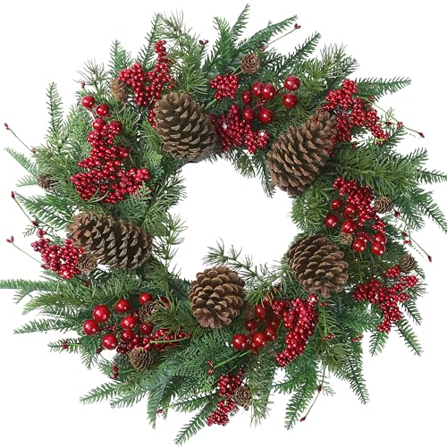 22’’ Artificial Christmas Wreath Norfolk Pine Wreath for Front Door with Pine Needles Red Berries Big Pinecones Christmas Decorations for Winter Farmhouse Wall Indoor Outdoor Home Holiday Xmas Decor
