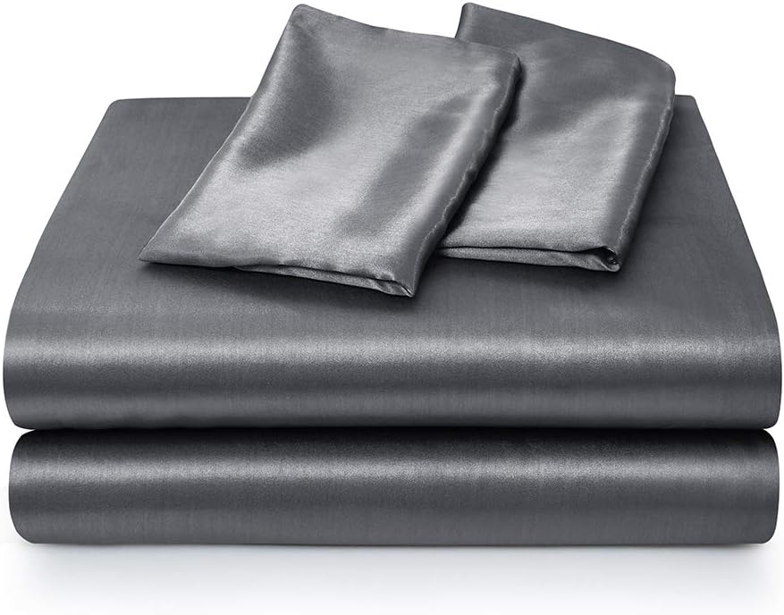 Satin Bed Sheets Queen Sheet Set, Grey Silk Sheets, 4 - Pieces Soft Bedding Set with 1 Deep Pocket Fitted Sheet,1 Flat Sheet,2 Pillowcase