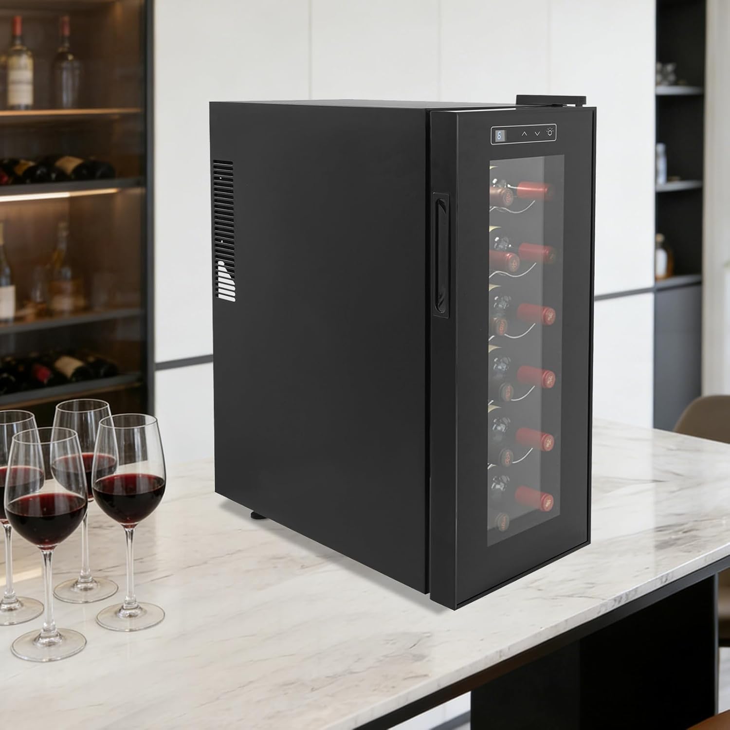 12 bottle Wine Cooler Refrigerator, Freestanding Compressor Wine Fridge with Adjustable Temperature and Digital Control, Mini Fridge with Glass Door for Red White Wine, Beer, Black