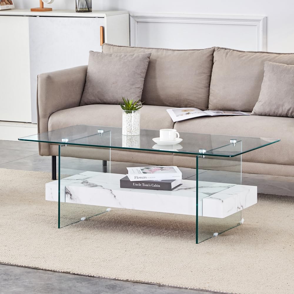 43.3 Inch Modern Two-Tier Coffee Table - an Elegant Combination of Clear Glass and White Marble Pattern.It can be Used not only as a Coffee Table but