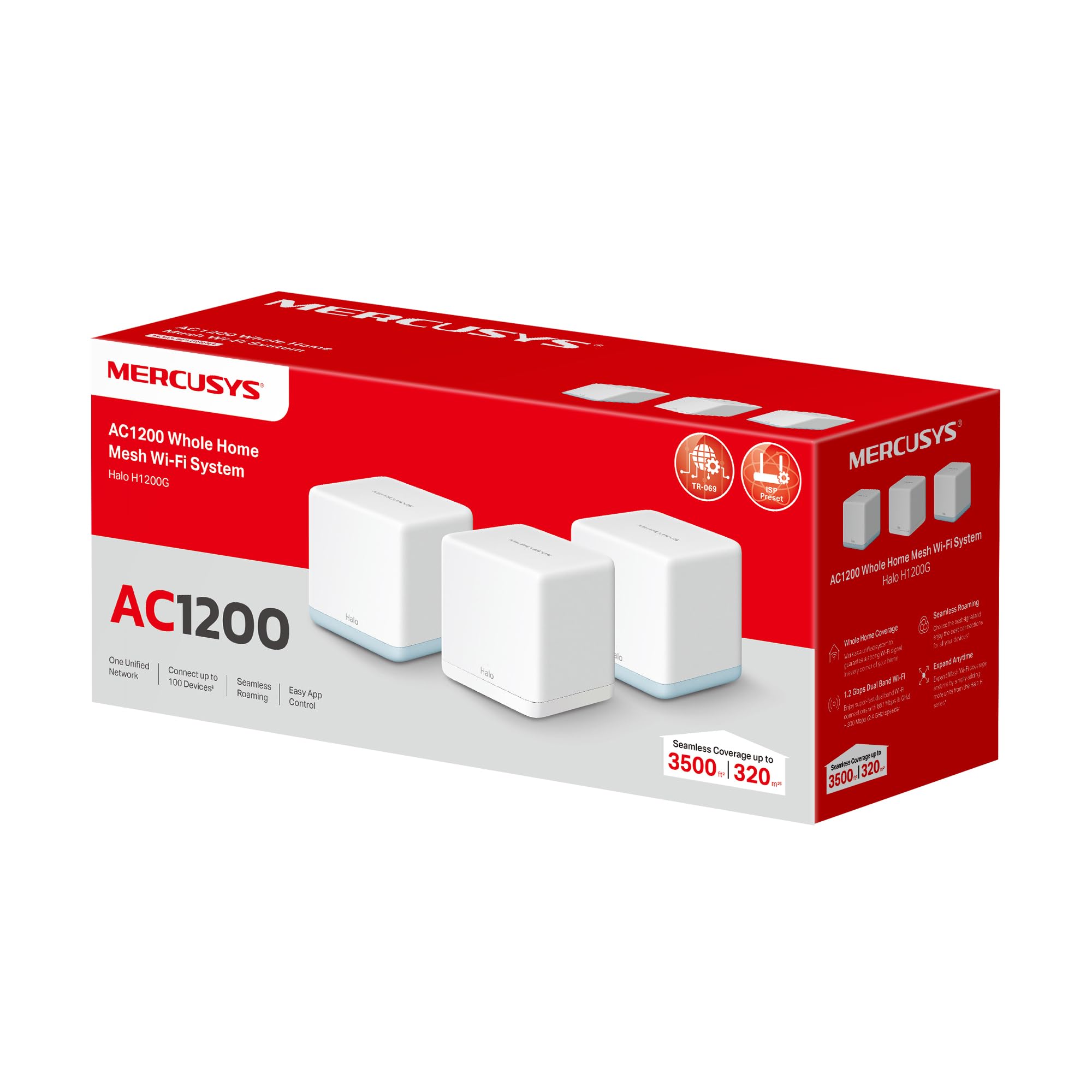 MERCUSYS Halo H1200G (3‑Pack) - WiFi Mesh AC1200 Gigabit Dual Band, Cobertura hasta 320 m², Roaming Inteligente, 1.2 Gbps, 6 Puertos Gigabit, Control por App